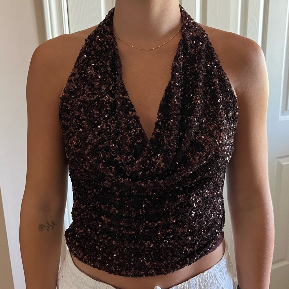 Zara Sequin Halter Crop Top - Dark Brown